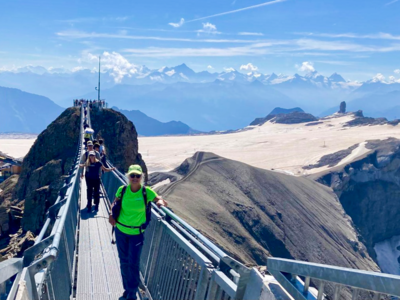 Avril McAllister on Glacier 3000 bridge, Switzerland