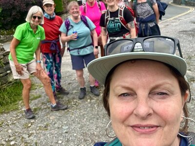 Women's activity week group selfie while on nordic walk in the lake district, a ramble worldwide walking holiday