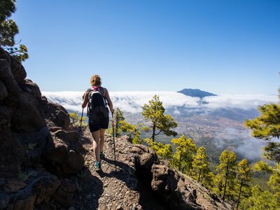 Young woman summit to Bejenado Peak in Caldera De Taburiente, La Palma, Canary Islands, Spain