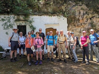 Cretan Trails & Tavernas/walking group smiling under shade, crete, greece