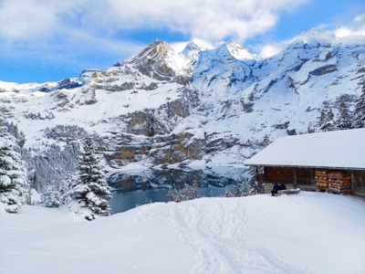 Bench view of lake, Winter Walks in Kandersteg, Swiss Alps