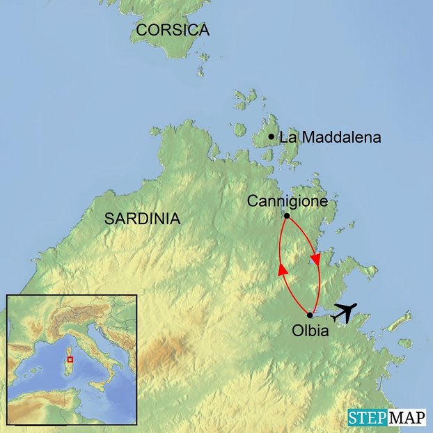 Ramble Worldwide map graphic of Sardinia and surrounding area, Mediterranean Italian island, walking holiday Undiscovered Sardinia