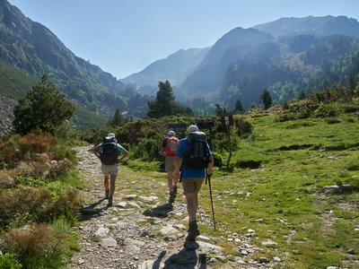 Three people hiking along footpath in green mountainous landscape, Col de Juclar in Andorra, Europe