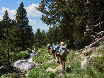Walking group descending next to stream, Pic Alt de Griu, Andorra, Europe