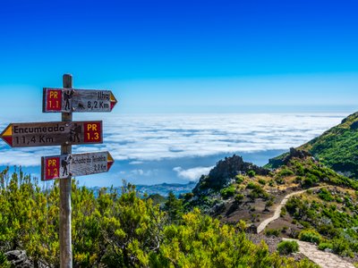 Signpost for stairway to heaven at the top of Madeira island on a popular walking trail to the highest peak, Madeira, Portugal