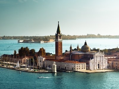 Distant aerial view of San Giorgio island, Venice, Italy