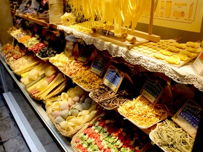 Variety of Italian pasta displayed in shop window in Venice, Italy