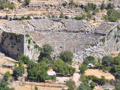 Distant high view of Selge Ancient City theatre, Selge, Turkey